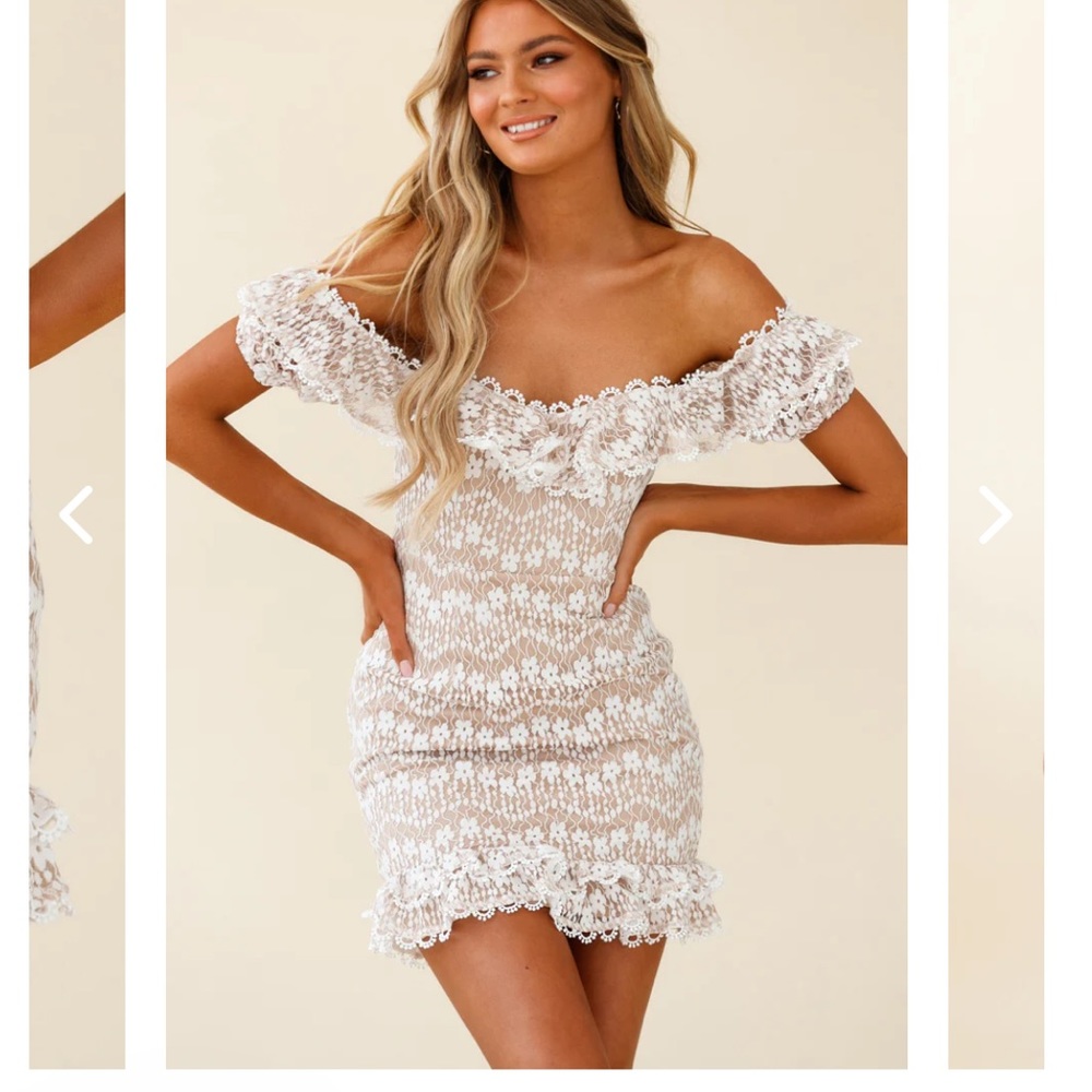 BOBBY BARDOT NECKLINE FLORAL LACE OVERLAY DRESS white and BEIGE
